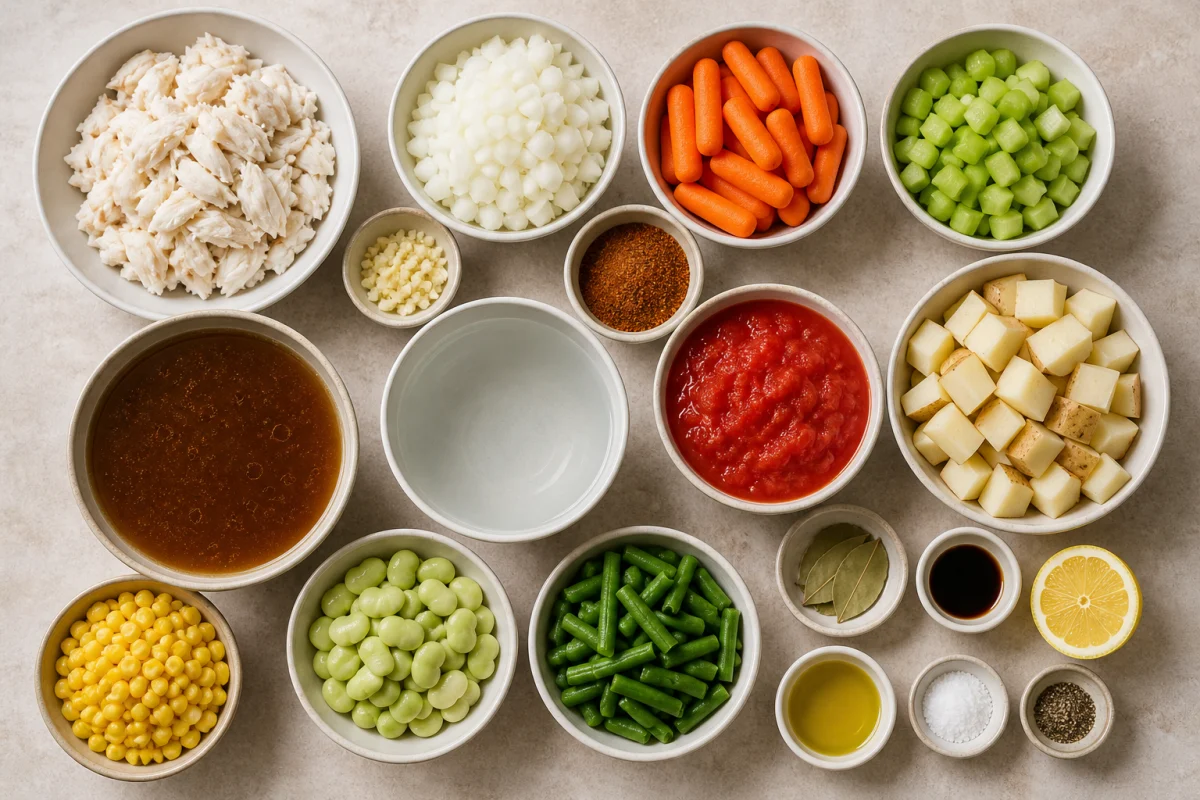 Ingredients for Maryland crab soup including lump crab, tomatoes, beef broth, potatoes, corn, green beans, lima beans, vegetables, Old Bay, and lemon