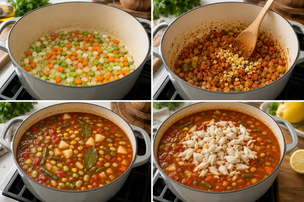 Four stages showing onion carrot and celery sautéed, garlic and seafood seasoning added, tomato vegetable soup simmering, and lump crab folded in