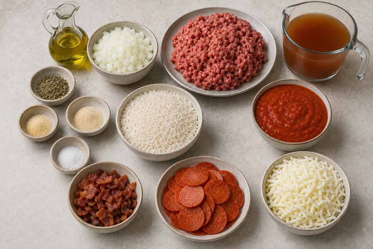 Ingredients for meat lover's pizza rice skillet with ground beef, bacon, pepperoni, quick-cook rice, marinara, broth, mozzarella, onion, and seasonings