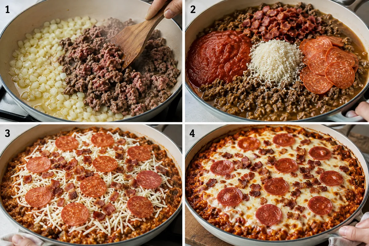 Four stages of pizza rice skillet showing beef and onion browning, rice with marinara bacon and pepperoni, mozzarella topping added, and the skillet baked until bubbly