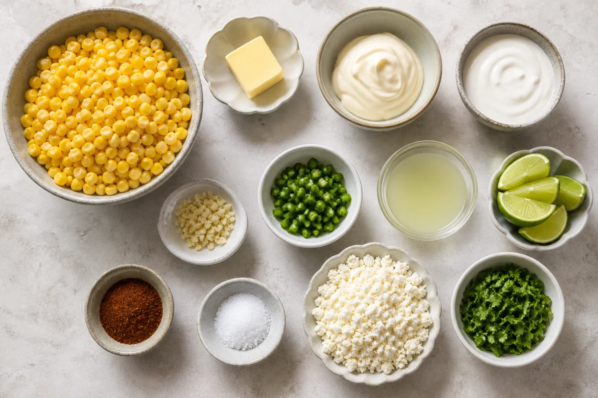 Corn, butter, mayonnaise, Mexican crema, garlic, jalapeno, lime, chili powder, Cotija cheese, and cilantro
