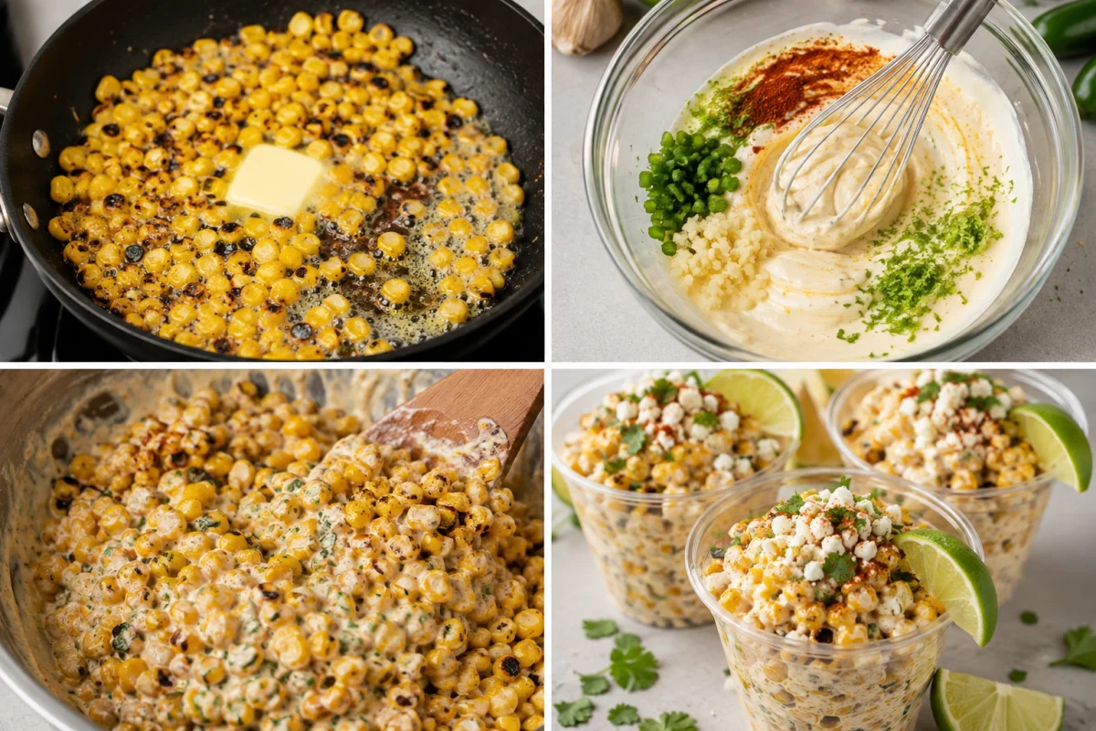 Four stages showing corn charring in butter, creamy lime sauce mixed, corn coated in sauce, and street corn served in cups