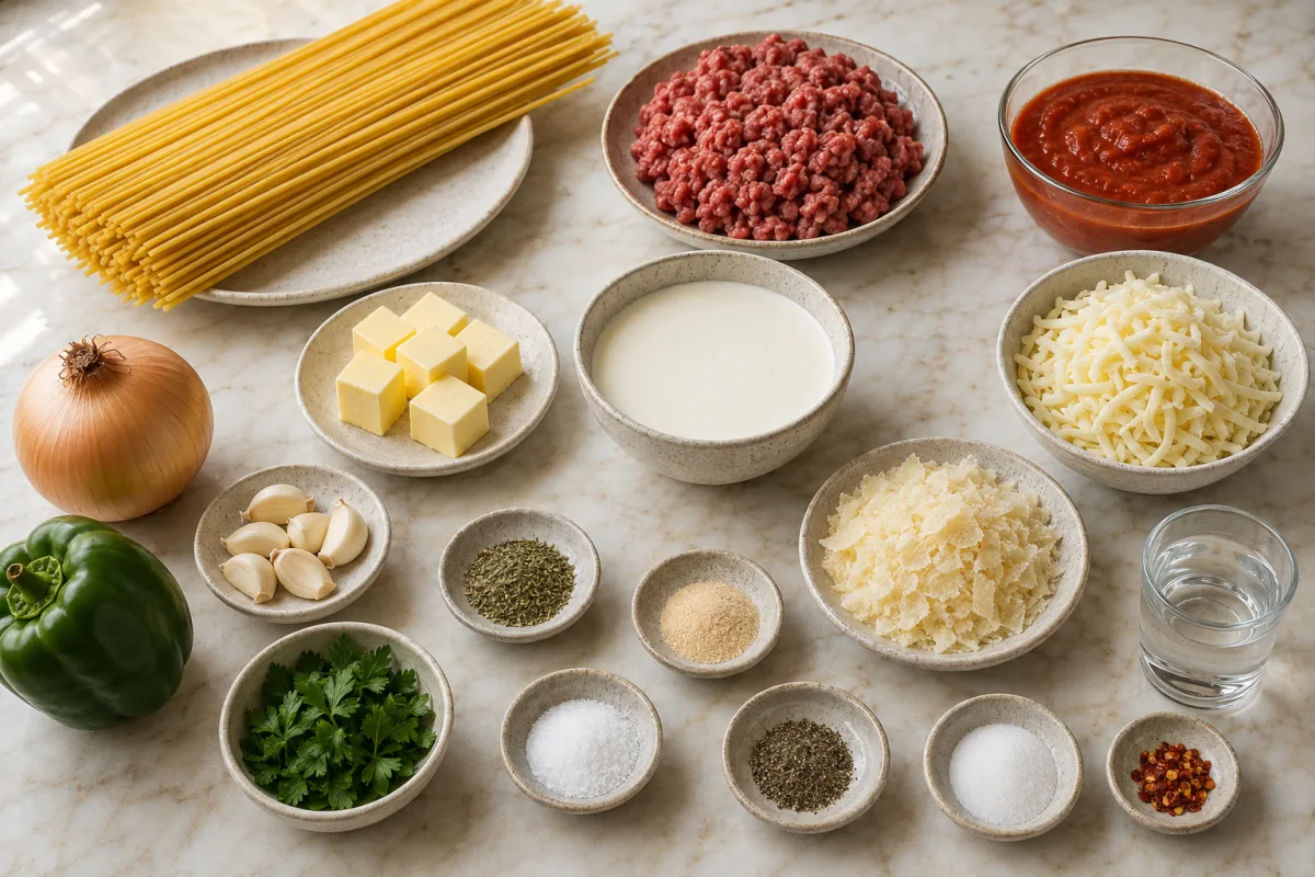 Ingredients for million dollar baked spaghetti with spaghetti, butter, garlic, cream, Parmesan, ground beef, onion, bell pepper, tomato sauce, mozzarella, herbs, and seasonings