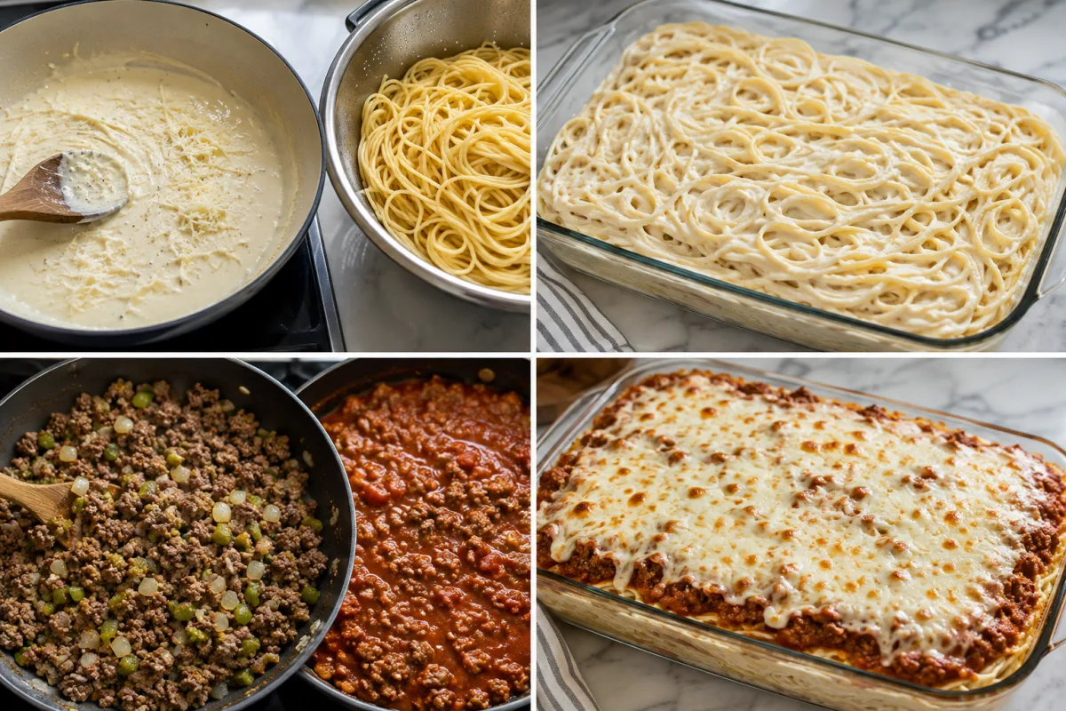Four stages showing Alfredo made and spaghetti coated, beef tomato sauce cooked, sauces layered separately, and mozzarella baked golden