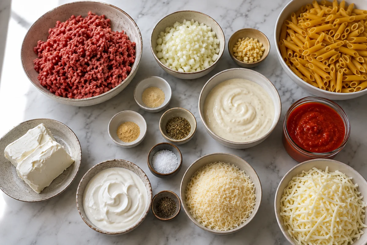 Ingredients for Million Dollar Baked Ziti including penne, ground beef, onion, garlic, red sauce, Alfredo, cream cheese, sour cream, mozzarella, and Parmesan