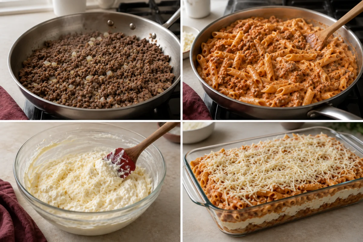 Four stages for Million Dollar Baked Ziti: browning beef, mixing sauced penne, preparing the creamy cheese layer, and assembling the casserole