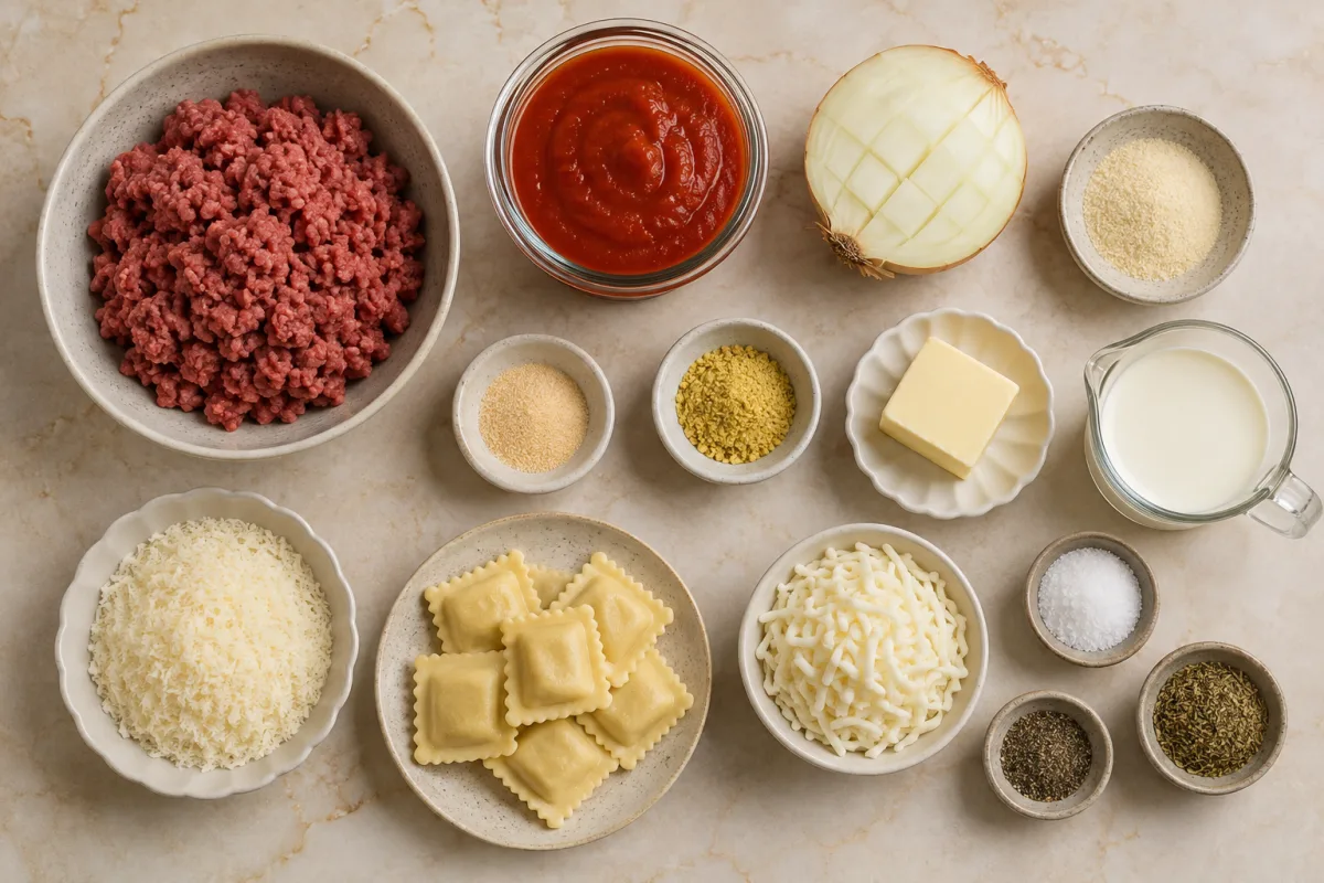 Ingredients for million dollar ravioli with ground beef, onion, pasta sauce, cheese ravioli, cream, Parmesan, mozzarella, butter, and seasonings
