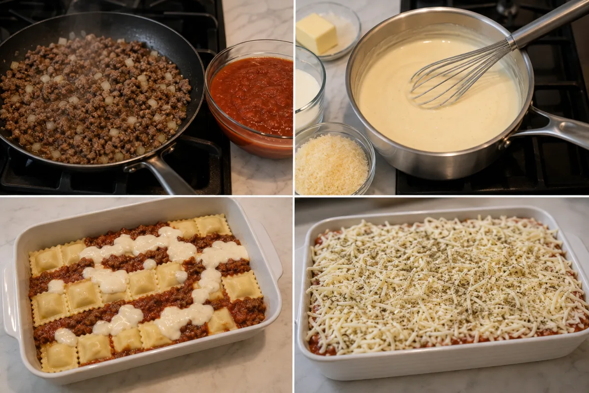 Four stages of million dollar ravioli showing beef sauce, Parmesan cream sauce, ravioli layers, and the mozzarella-topped casserole ready to bake