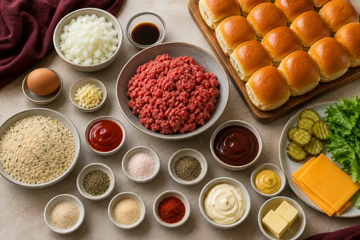Ingredients for mini meatloaf sliders with ground beef, Hawaiian rolls, onion, garlic, egg, breadcrumbs, ketchup, barbecue sauce, mustard, Worcestershire, and seasonings