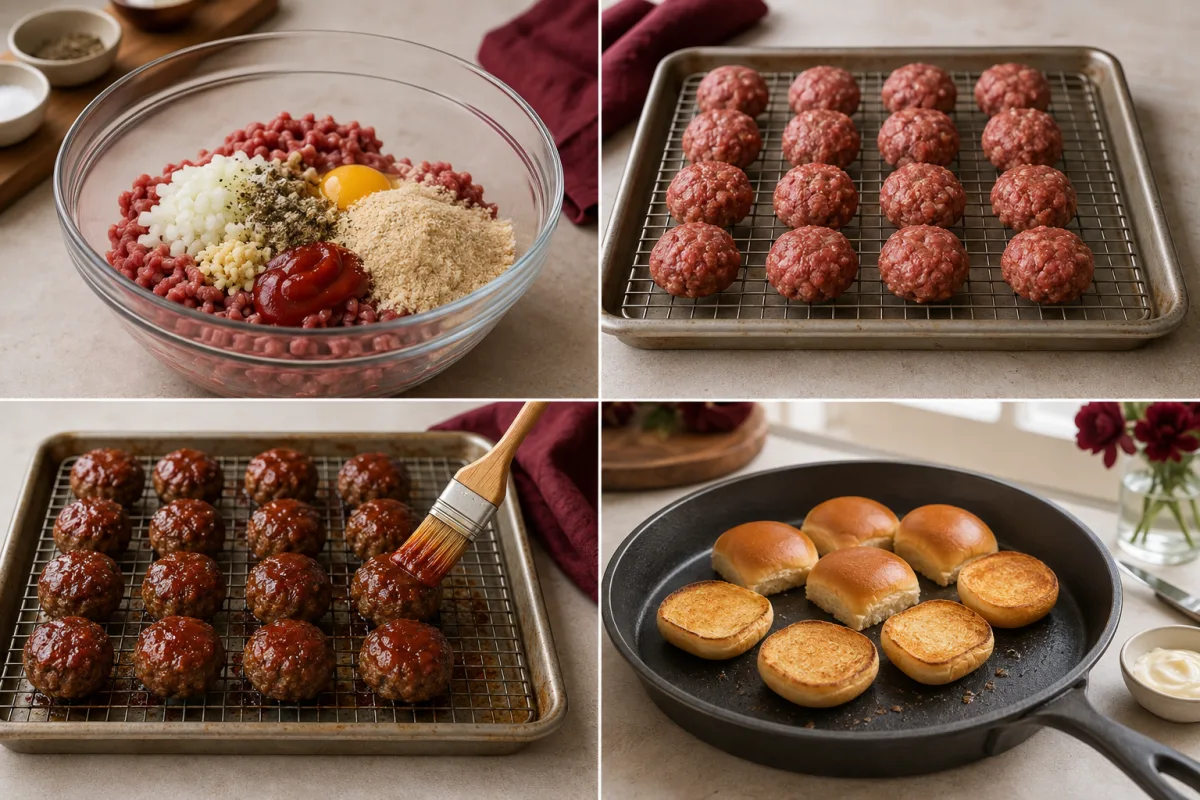 Four stages showing meatloaf mixture combined, small patties shaped on a rack, glaze brushed over the patties, and baked mini meatloaf assembled in Hawaiian rolls