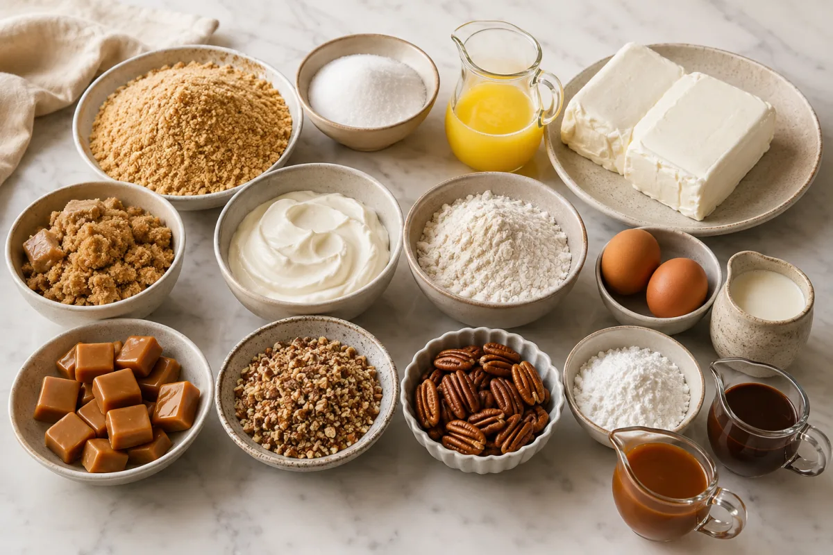 Ingredients for mini turtle cheesecakes with graham crumbs, cream cheese, brown sugar, sour cream, eggs, caramel, cream, pecans, and chocolate syrup