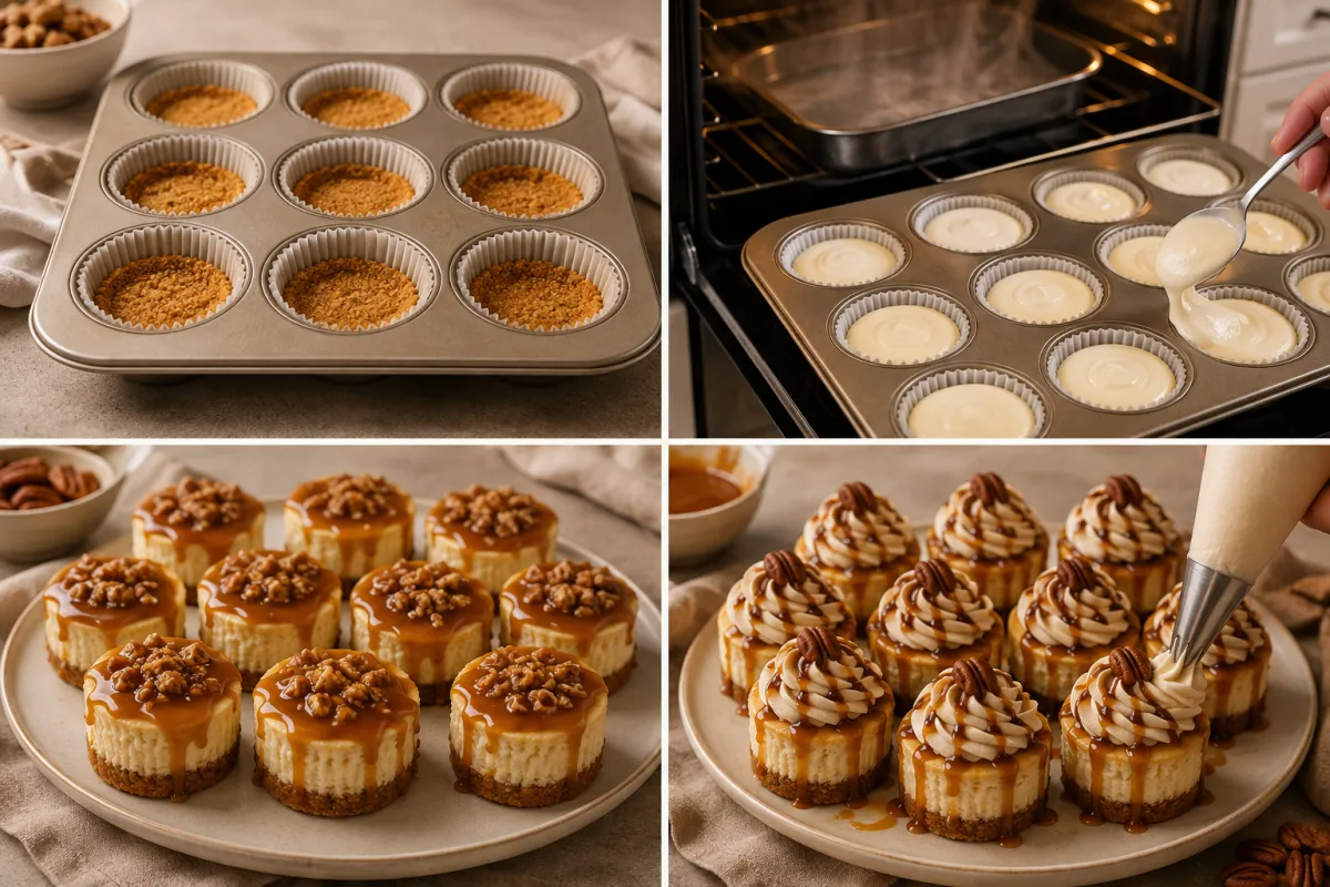 Four stages showing graham crusts in muffin liners, cheesecake batter added, caramel pecan topping, and mini cheesecakes piped with whipped cream and drizzle