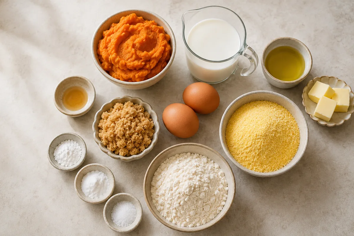 Ingredients for sweet potato cornbread muffins with mashed sweet potato, milk, oil and butter, vinegar, brown sugar, eggs, cornmeal, flour, baking powder, baking soda, and salt