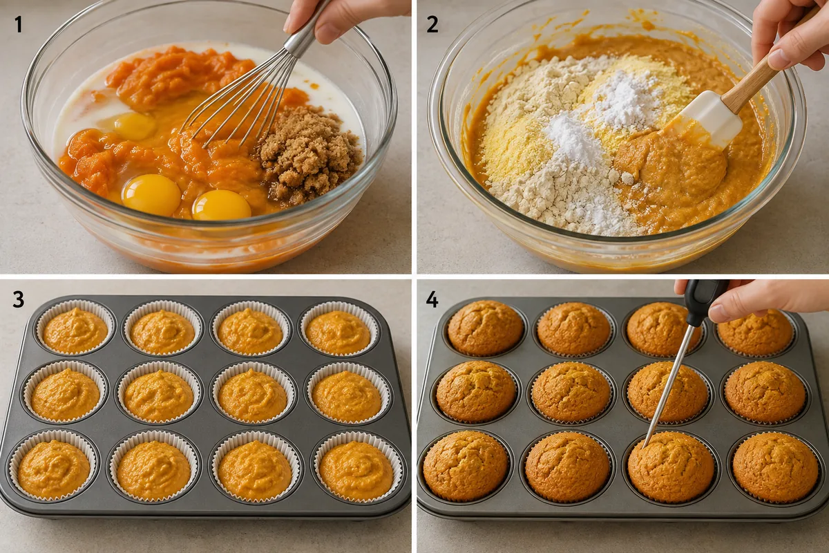 Four stages of sweet potato cornbread muffins showing wet ingredients whisked, cornmeal and flour folded in, batter portioned into liners, and baked muffins checked with a thermometer