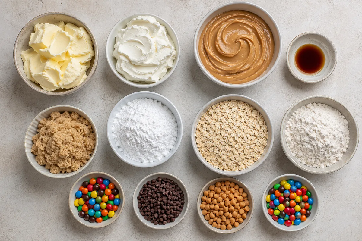 Ingredients for monster cookie dough balls with butter, cream cheese, peanut butter, vanilla, brown and powdered sugar, oats, heat-treated flour, mini candies, chocolate chips, and peanut butter chips