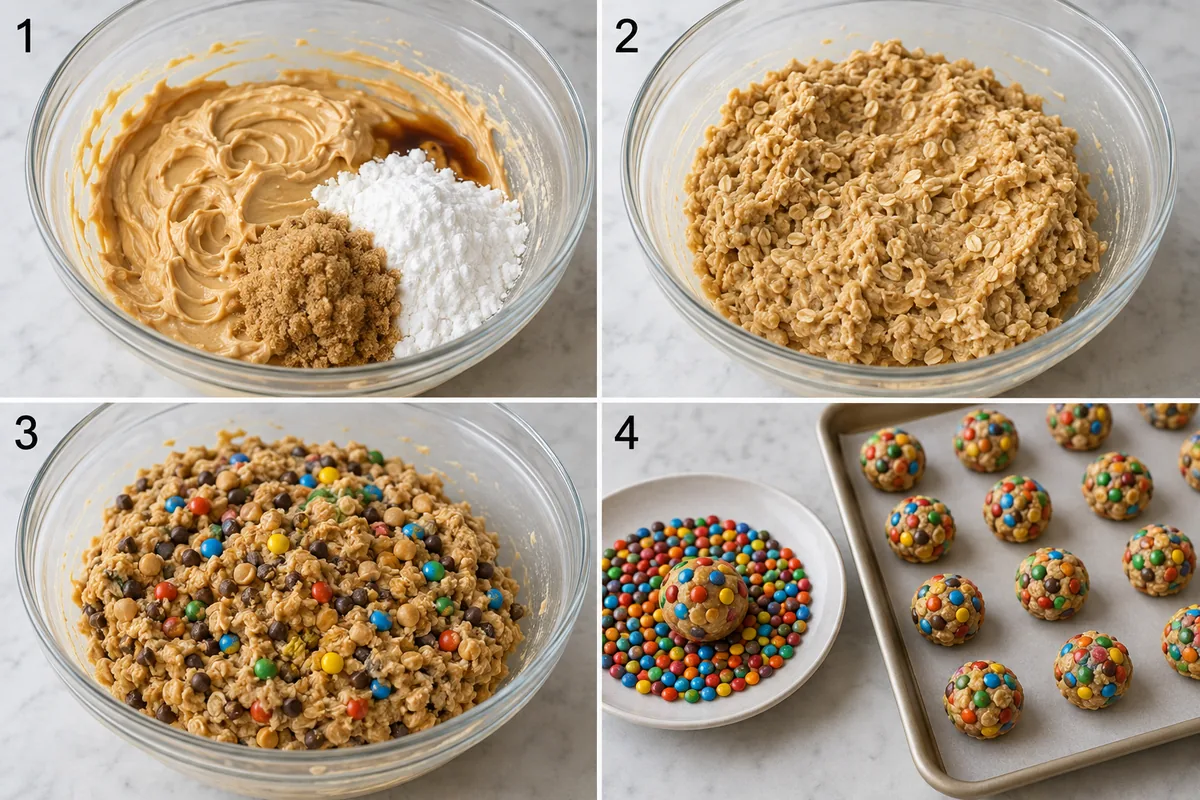 Four stages of cookie dough balls showing peanut butter base mixed, cooled heat-treated flour and oats added, mini candies and chips folded in, and one-inch balls rolled in colorful candies