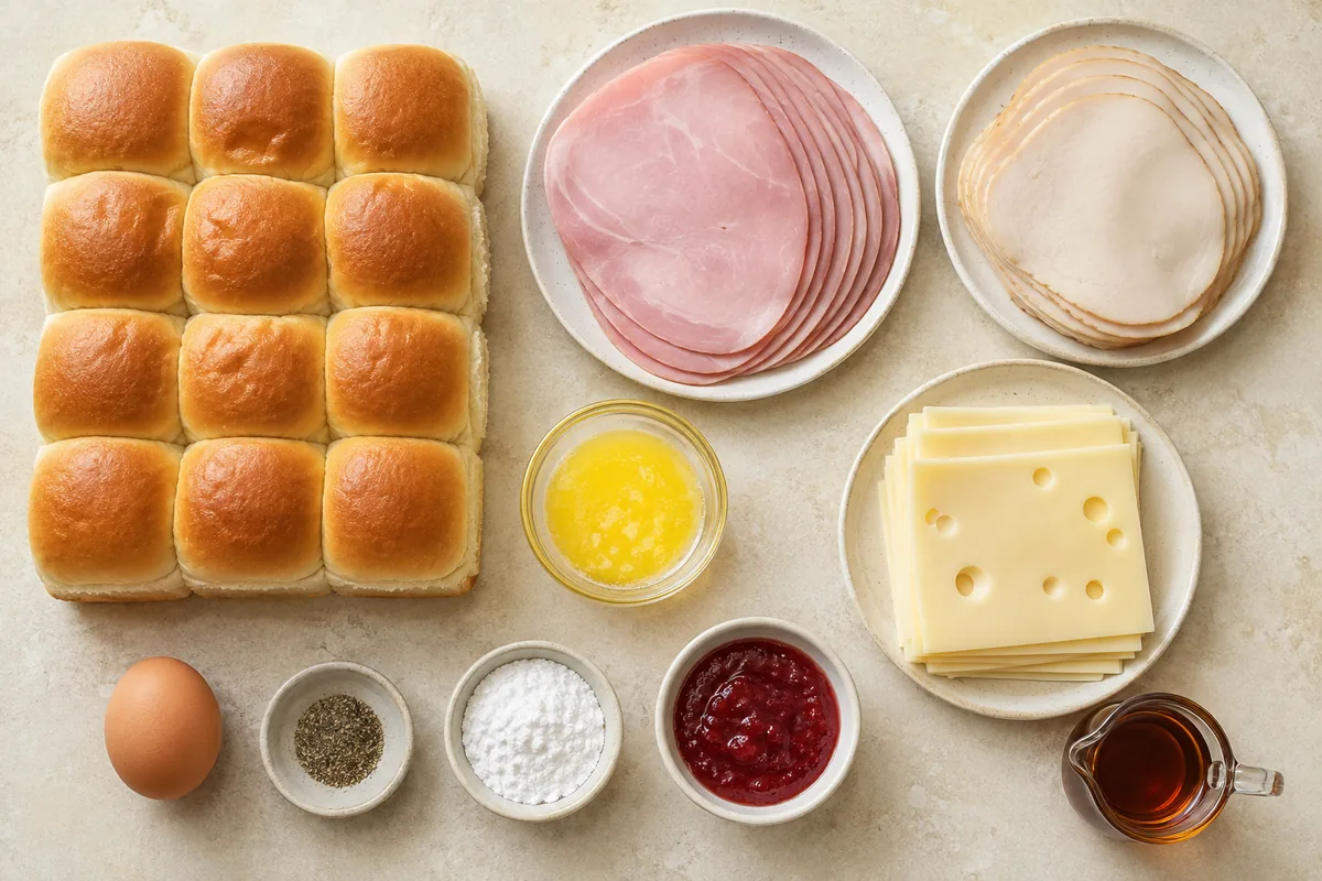 Ingredients for Monte Cristo sliders with Hawaiian rolls, ham, turkey, Swiss cheese, butter, egg, black pepper, powdered sugar, berry jam, and maple syrup