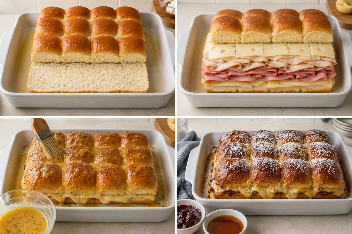 Four stages of Monte Cristo sliders showing sliced connected rolls, ham turkey and Swiss layers, butter egg wash, and golden baked sliders with powdered sugar