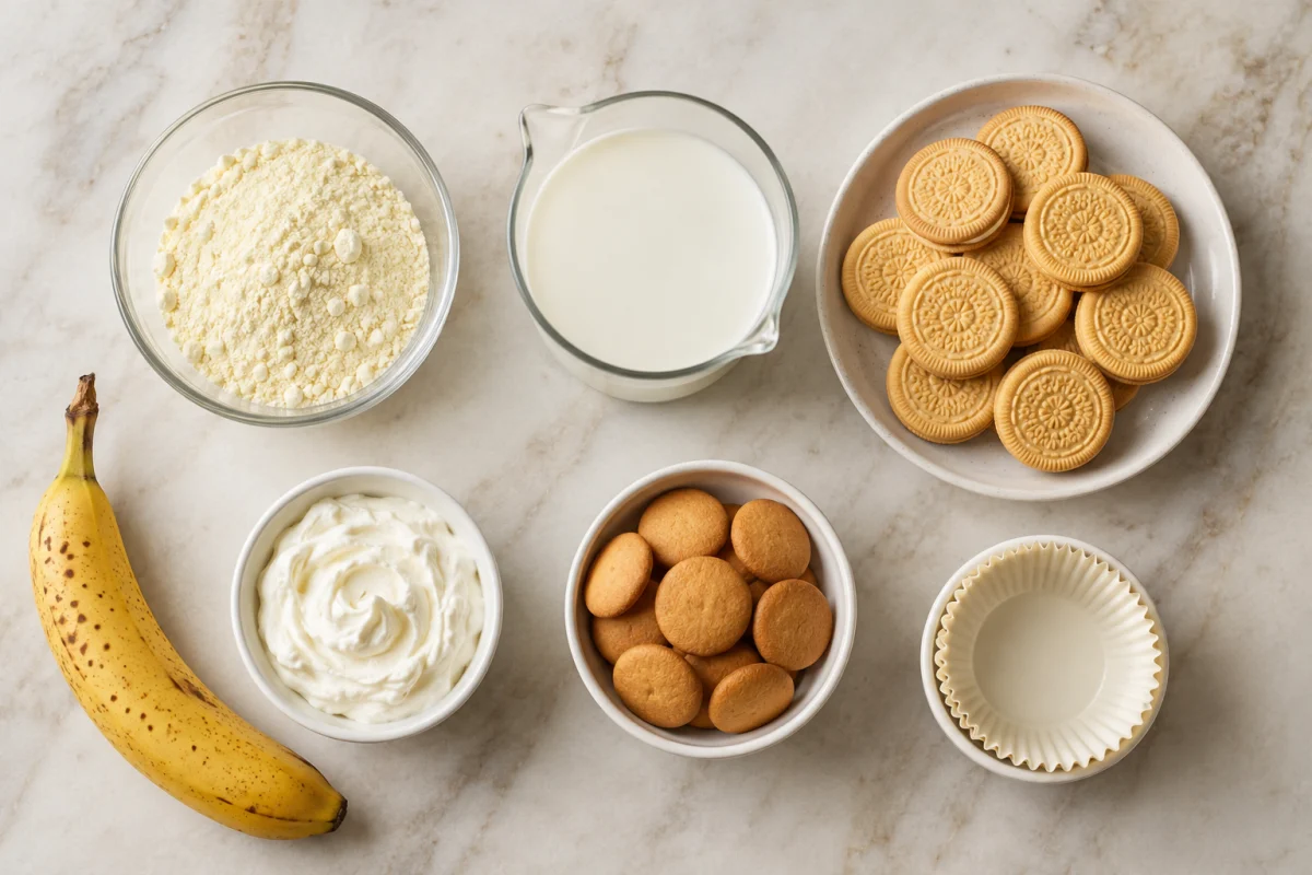 Ingredients for muffin tin banana cream pies including banana pudding mix, milk, golden sandwich cookies, banana, whipped cream, mini vanilla wafers, and cupcake liners