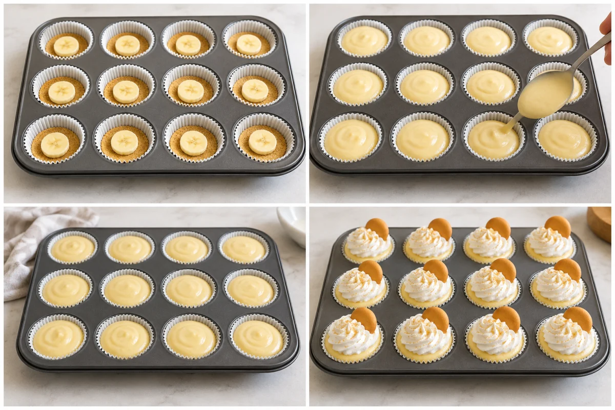 Four stages showing lined muffin cups with cookies, banana slices added, banana pudding spooned into twelve cups, and chilled mini pies topped with whipped cream and wafers