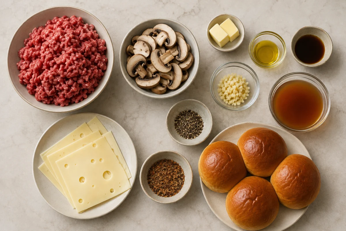 Ingredients for mushroom Swiss burgers including ground beef, sliced mushrooms, Swiss cheese, brioche buns, butter, oil, Worcestershire sauce, broth, garlic, and seasonings