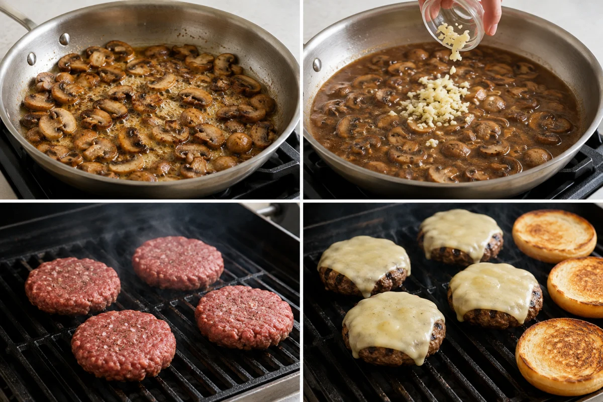 Four stages showing mushrooms browning, mushrooms simmering with broth, burger patties cooking, and Swiss cheese melting over the patties beside toasted buns