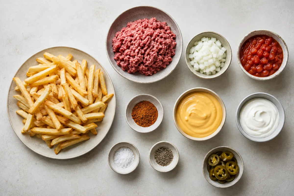 Ingredients for nacho fries with french fries, ground beef, onion, tomatoes or salsa, taco seasoning, nacho cheese, sour cream, jalapeños, salt, and pepper