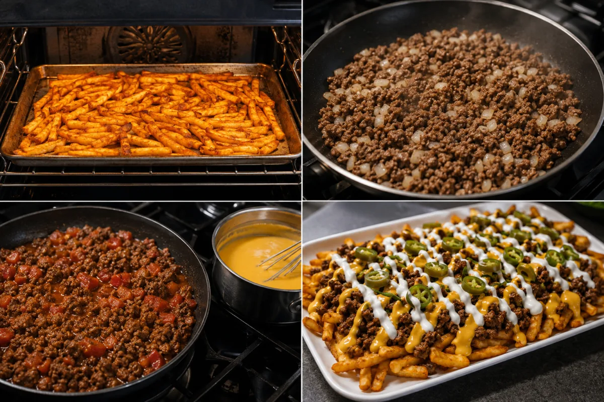 Four stages showing fries baked crisp, ground beef browned with onion, tomatoes and taco seasoning simmered into the beef, and nacho fries topped with cheese jalapeños and sour cream