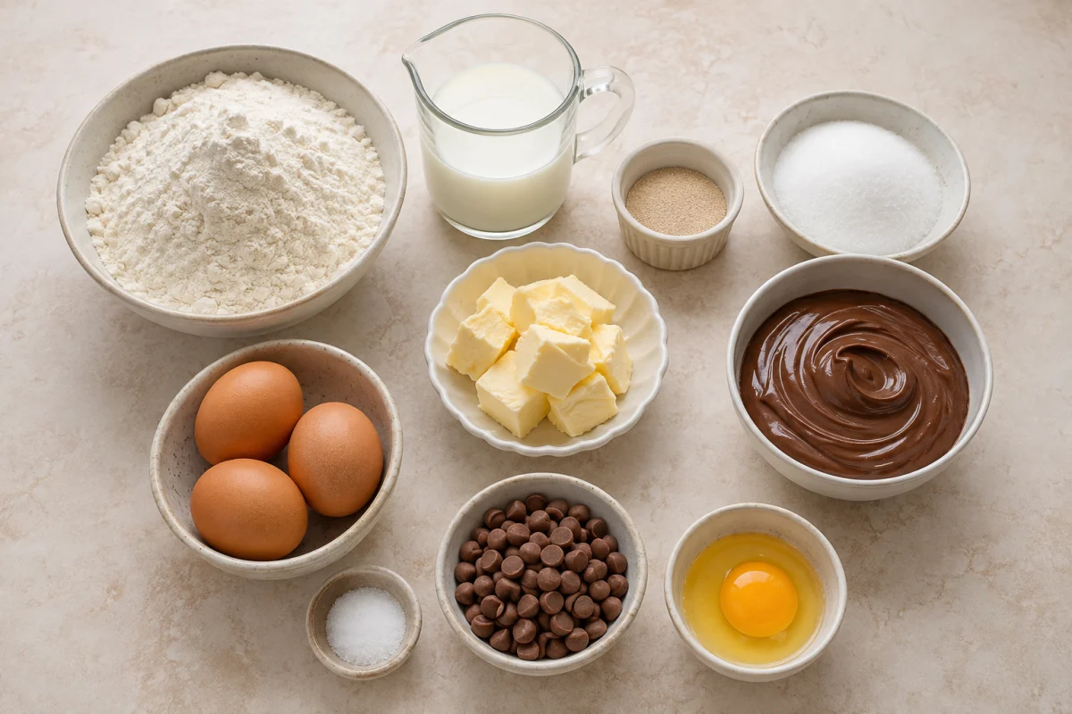 Ingredients for Nutella brioche loaf including flour, milk, yeast, sugar, eggs, butter, salt, chocolate chips, chocolate hazelnut spread, and egg wash
