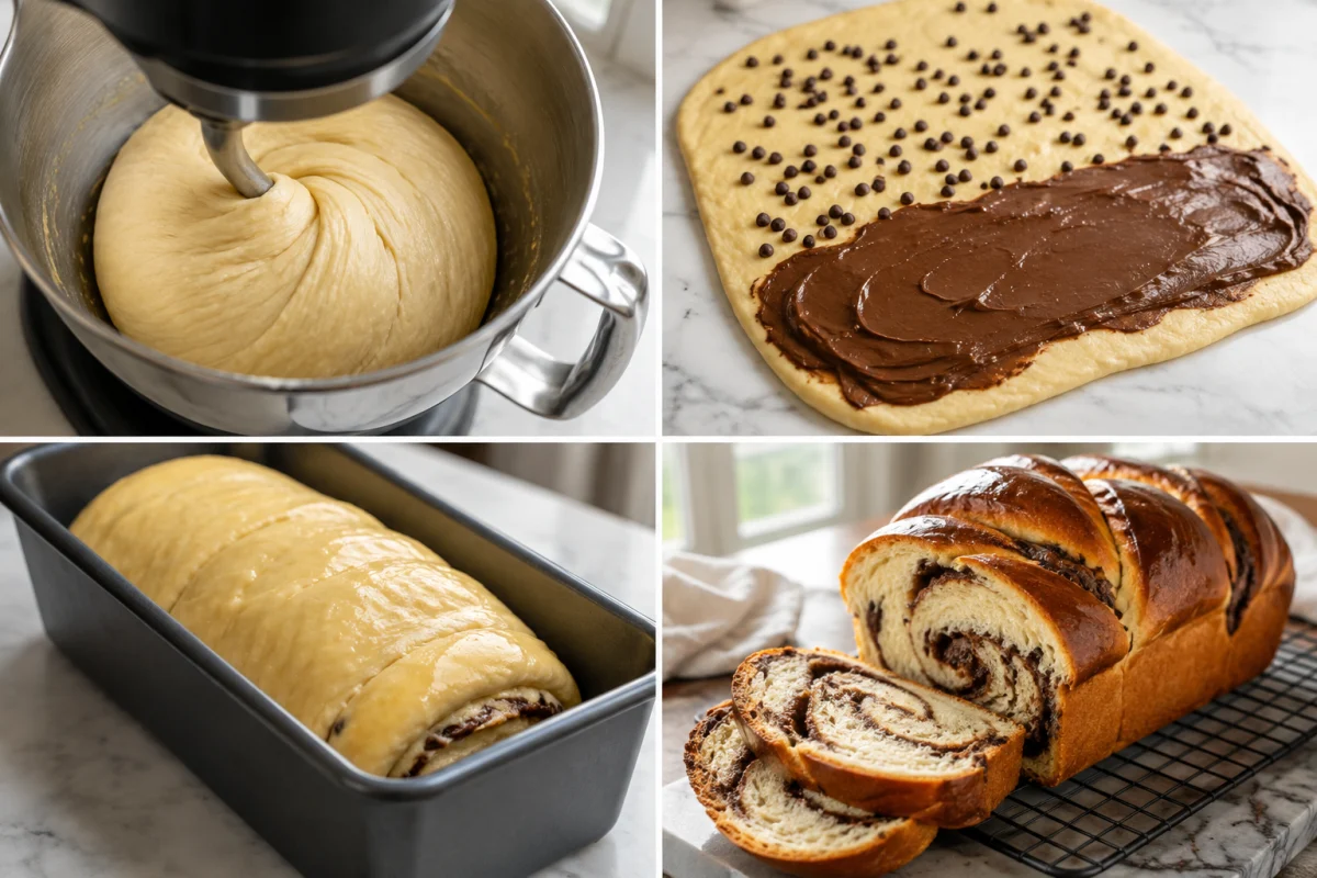 Four stages showing brioche dough kneaded, dough spread with chocolate hazelnut filling, shaped loaf proofed in a pan, and baked chocolate brioche sliced