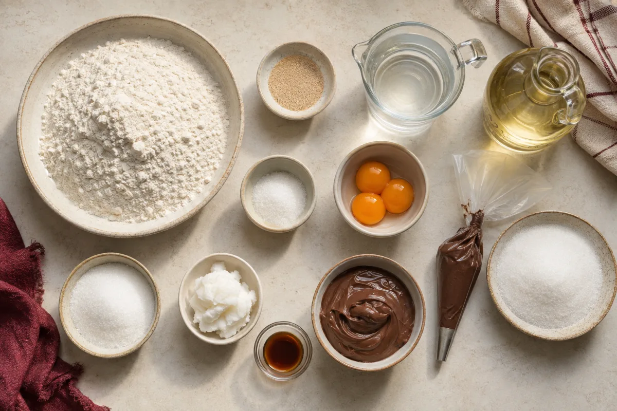 Ingredients for Nutella donuts: bread flour, yeast, sugar, egg yolks, shortening, vanilla, warm water, frying oil, and chocolate-hazelnut spread