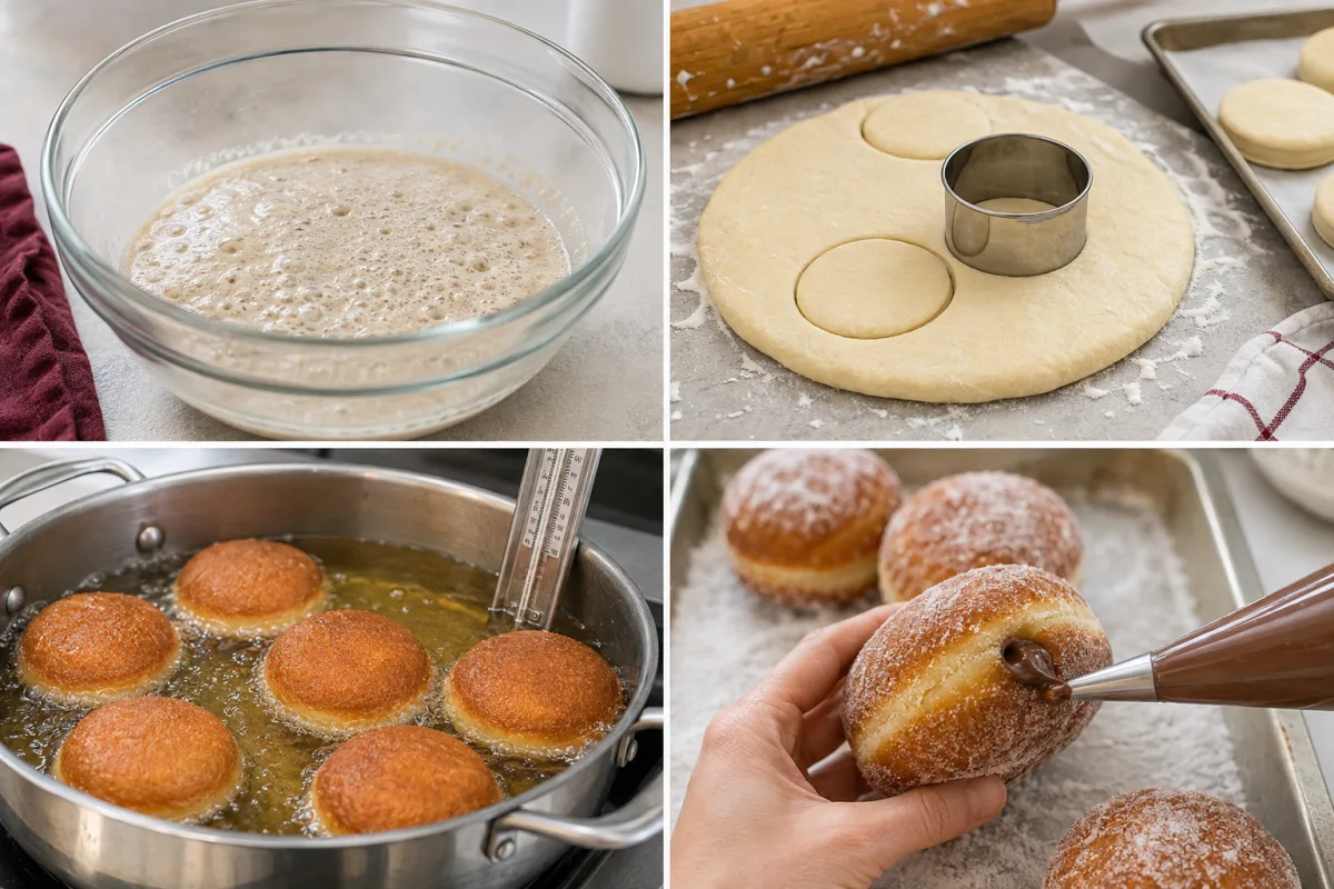 Four stages for Nutella donuts: proofing yeast, cutting dough rounds, frying the donuts, and piping in chocolate-hazelnut filling