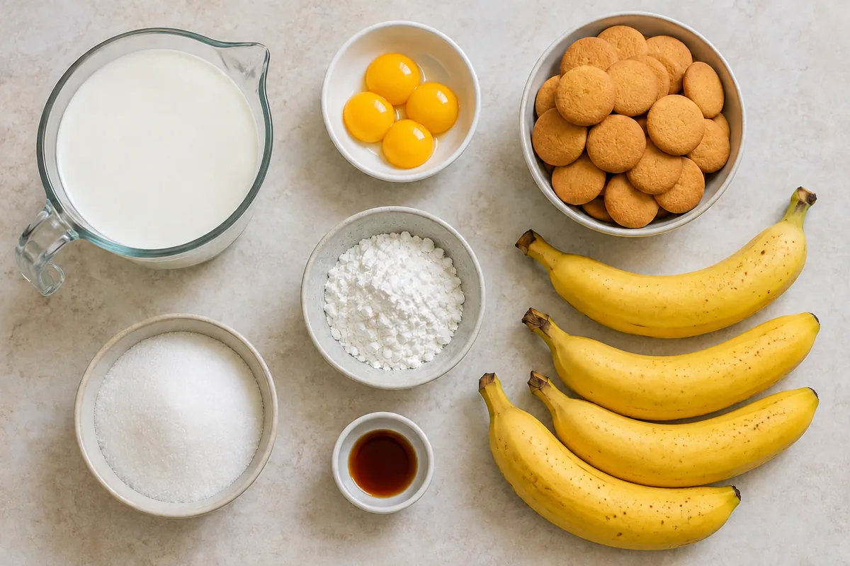 Ingredients for old-fashioned banana pudding with milk, four egg yolks, cornstarch, sugar, vanilla, vanilla wafers, and four ripe bananas
