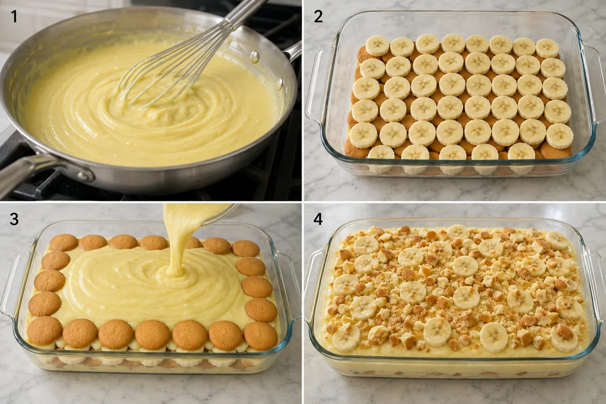 Four stages of banana pudding showing vanilla custard thickening, wafers and bananas layered, warm pudding poured into the dish, and chilled pudding topped with fresh banana and crumbs