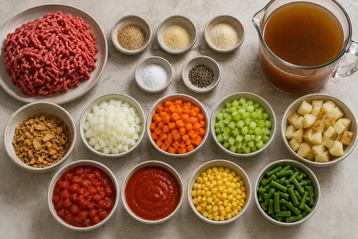 Ingredients for vegetable beef soup with ground beef, onion, carrots, celery, potatoes, tomatoes, tomato sauce, corn, green beans, broth, and seasonings
