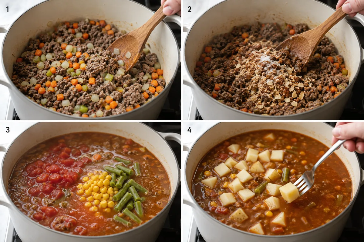 Four stages of vegetable beef soup showing beef and vegetables browning, seasonings added, tomato broth with corn and green beans, and potatoes cooking until tender
