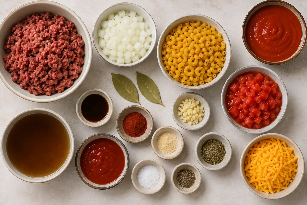 Ingredients for American goulash with ground beef, onion, elbow macaroni, tomato sauce, diced tomatoes, broth, garlic, Worcestershire, bay leaves, cheddar, and seasonings