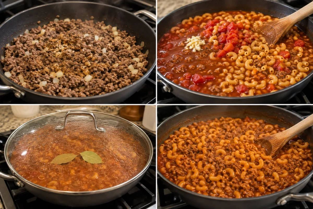 Four stages showing beef and onion browned, tomato liquids and macaroni added, goulash simmered under a lid with bay leaves, and tender pasta stirred before serving