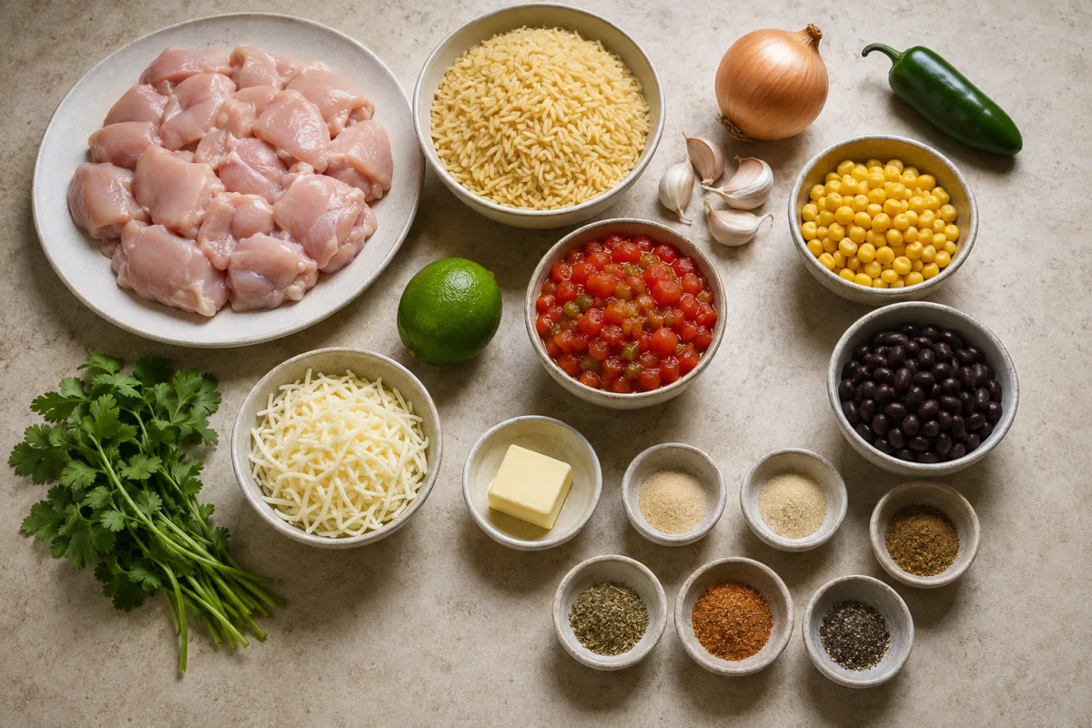 Ingredients for One Pan Fiesta Chicken and Rice with chicken, yellow rice, onion, jalapeno, garlic, corn, black beans, tomatoes with green chiles, lime, cheese, cilantro, and spices