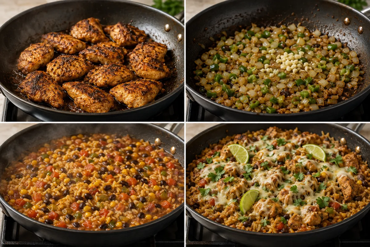 Four stages showing seasoned chicken seared in a skillet, onion and jalapeno sauteed, yellow rice simmering with beans corn and tomatoes, and finished cheesy Fiesta Chicken and Rice