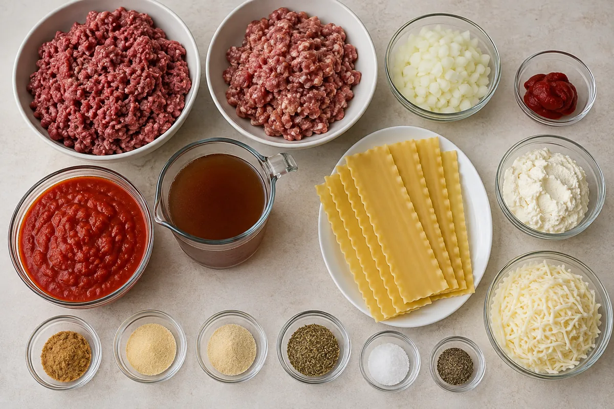 Ingredients for skillet lasagna with ground beef, Italian sausage, onion, tomato paste, pasta sauce, broth, lasagna sheets, ricotta, mozzarella, and seasonings