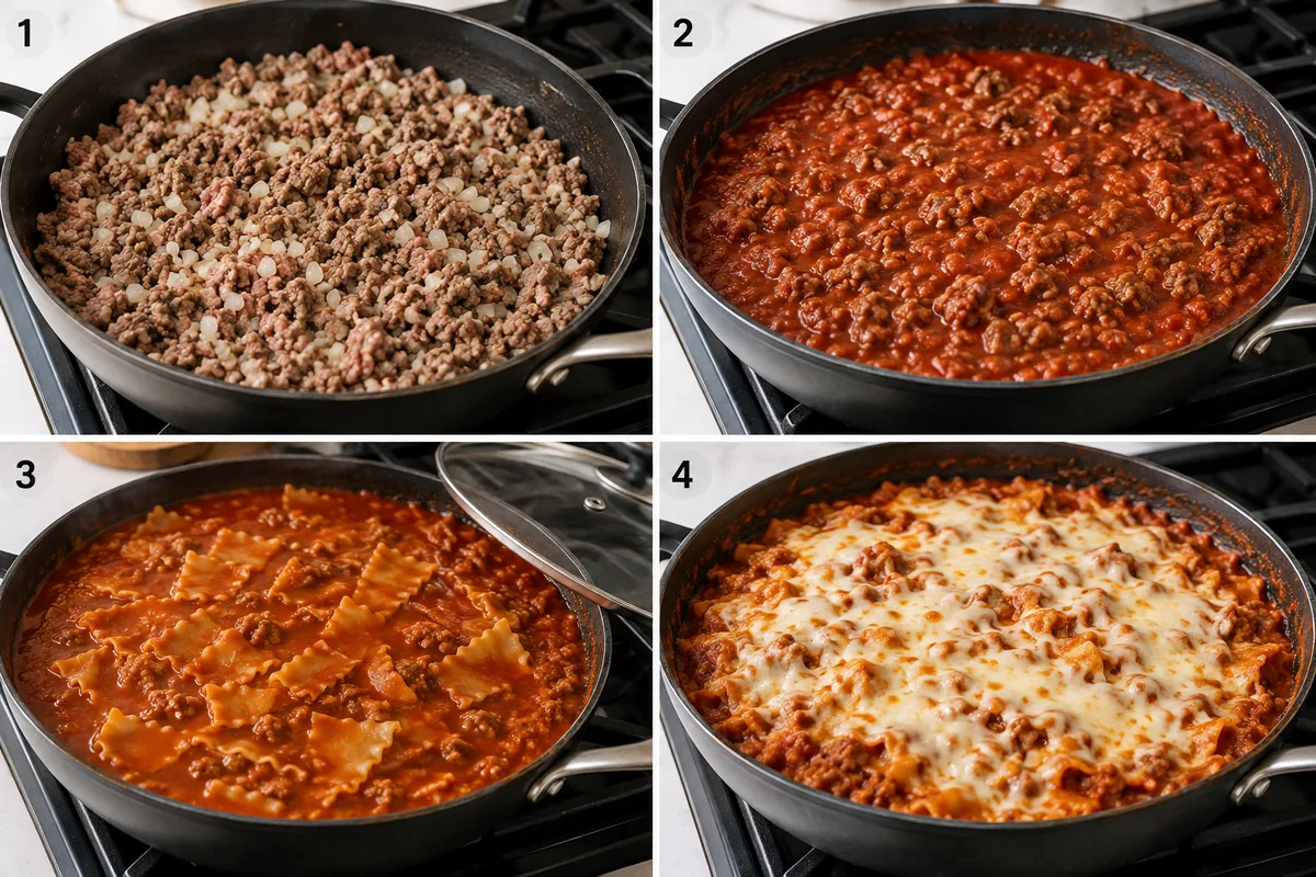 Four stages of skillet lasagna showing beef sausage and onion browning, tomato sauce added, broken lasagna sheets simmering, and mozzarella melted on top