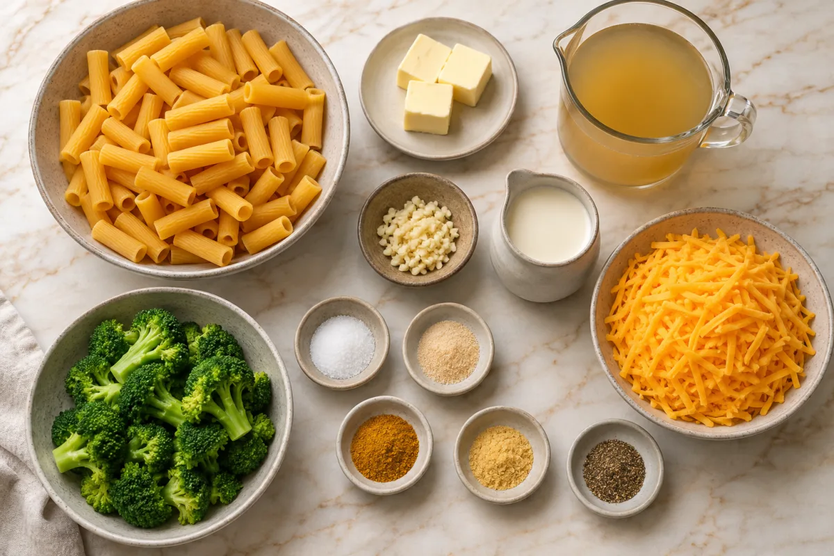 Ingredients for one-pot broccoli cheddar pasta with rigatoni, butter, garlic, chicken broth, heavy cream, cheddar, steamed broccoli, salt, onion powder, curry powder, mustard, and black pepper