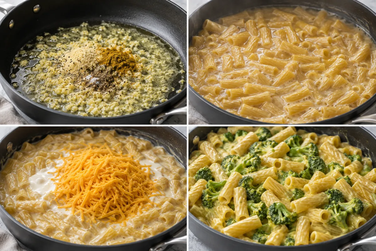 Four stages showing garlic and spices in butter, rigatoni simmering in broth, cheddar stirred into the creamy pasta, and steamed broccoli folded into the finished dish