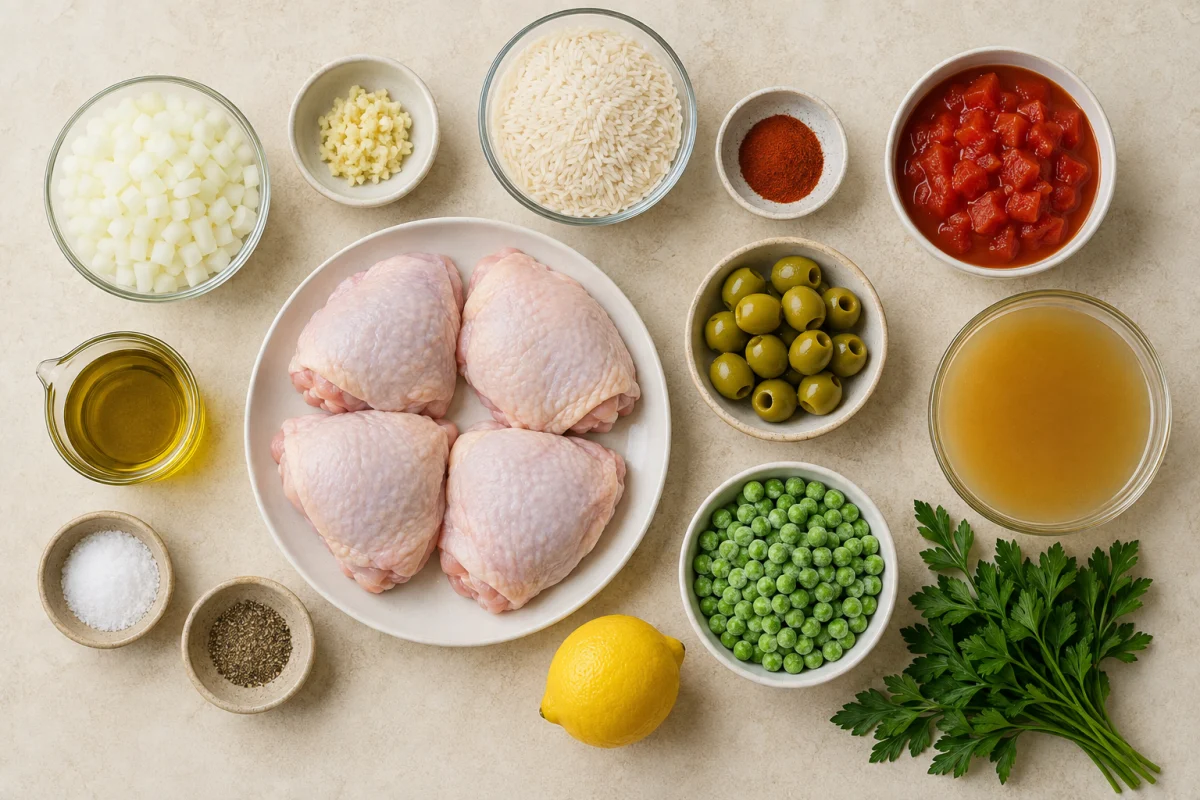 Ingredients for one-pot chicken and rice including four chicken thighs, rice, tomatoes, stock, olives, peas, lemon, parsley, and seasonings