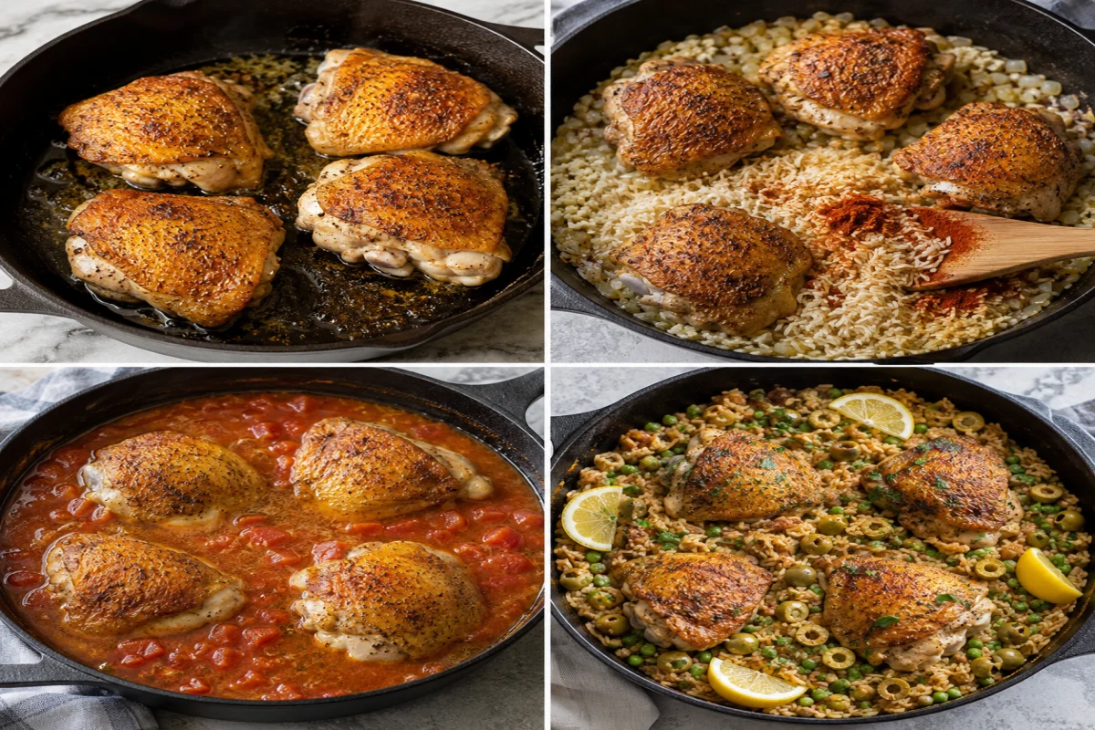 Four stages showing chicken thighs seared, aromatics and rice added, tomatoes and stock baked, and olives and peas folded into the finished skillet