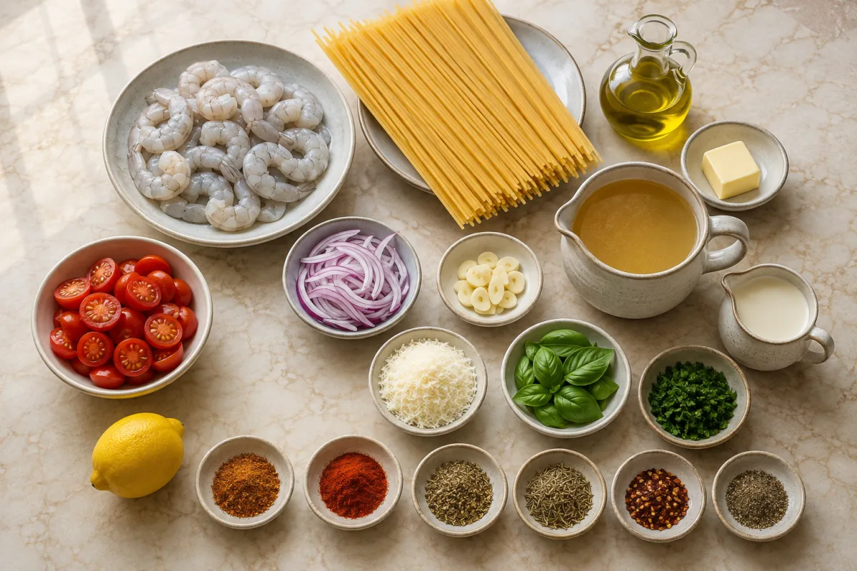 Ingredients for creamy shrimp linguine with raw shrimp, linguine, cherry tomatoes, red onion, garlic, chicken broth, cream, Parmesan, basil, parsley, lemon, butter, oil, and Cajun spices