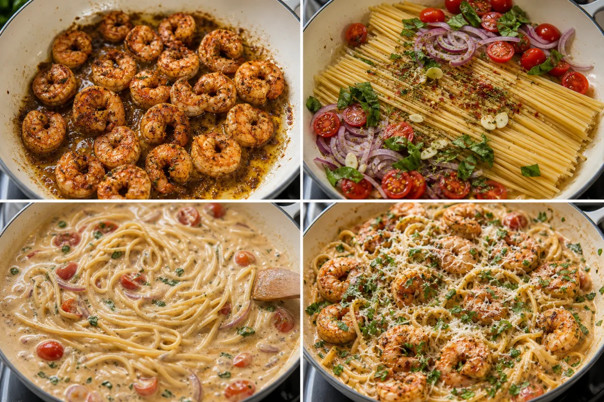 Four stages showing Cajun shrimp searing, linguine cooking with tomatoes and broth, Parmesan stirred into the creamy pasta, and shrimp returned with lemon and herbs