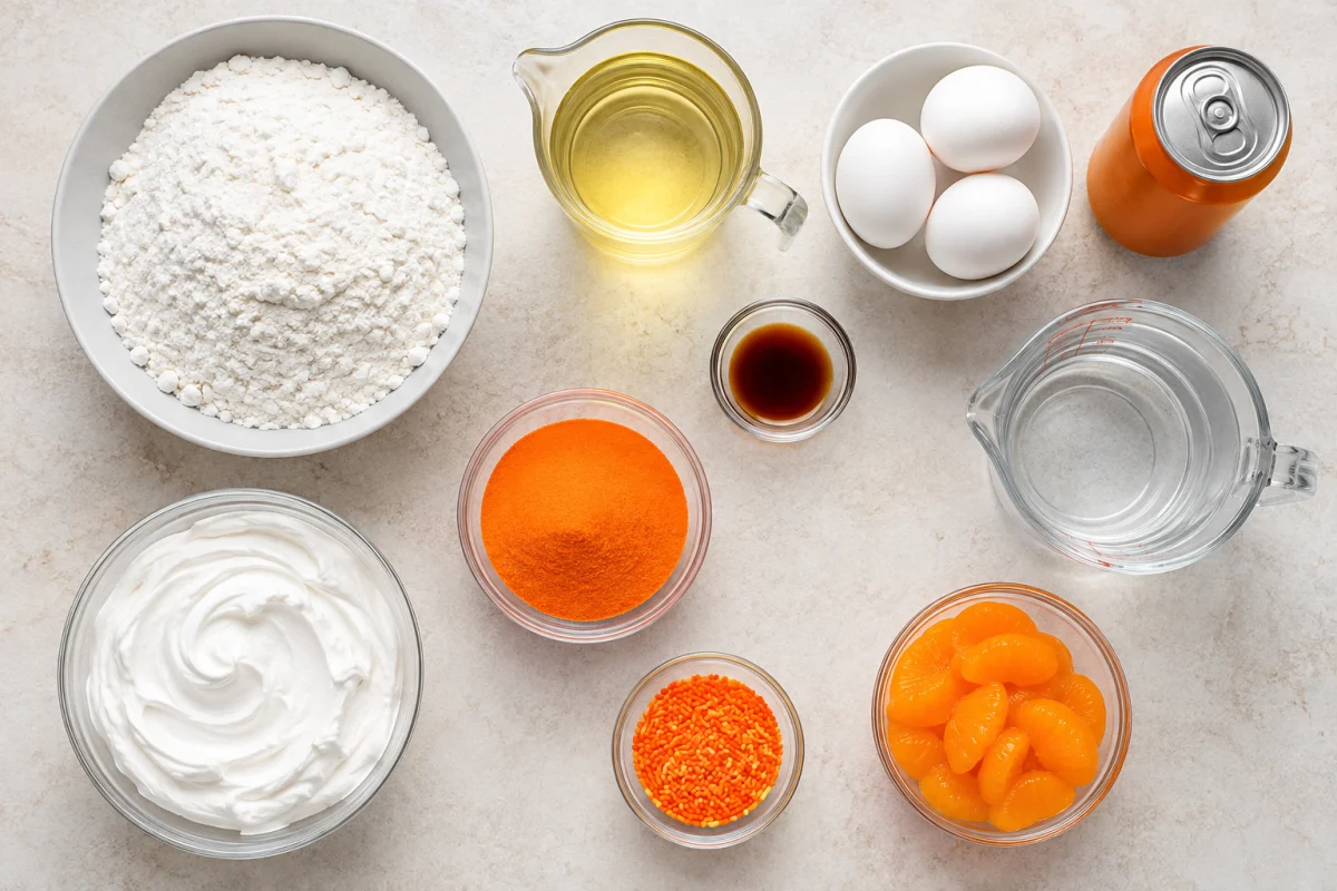 Ingredients for orange soda poke cake including white cake mix, oil, water, eggs, vanilla, orange gelatin, orange soda, whipped topping, sprinkles, and mandarins