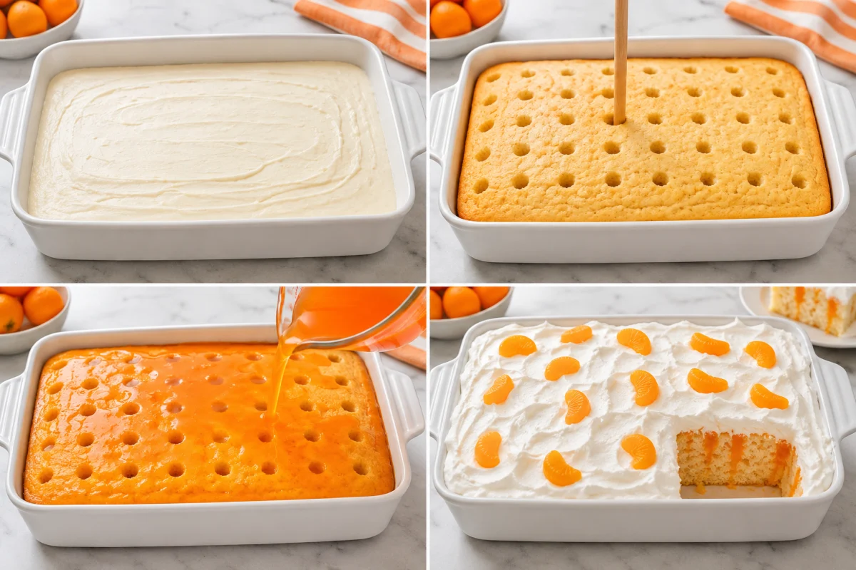 Four stages showing white cake batter, baked cake poked with holes, orange gelatin soda mixture poured over, and chilled poke cake topped with whipped cream and mandarins